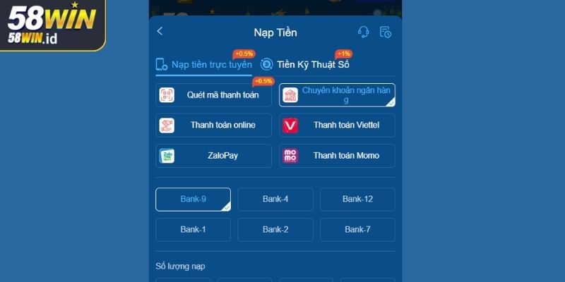 Nạp Rút Tiền 58win 1 Nạp rút tiền 58WIN qua chuyển khoản ngân hàng