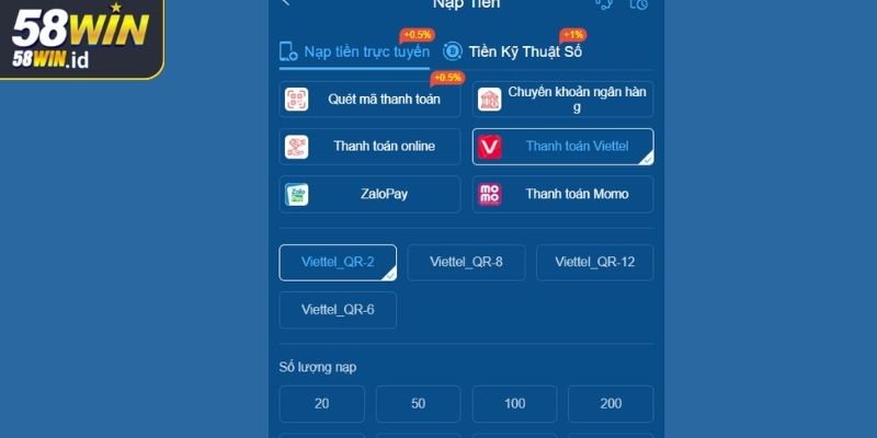 Nạp Rút Tiền 58win 2 Thực hiện thao tác nạp tiền